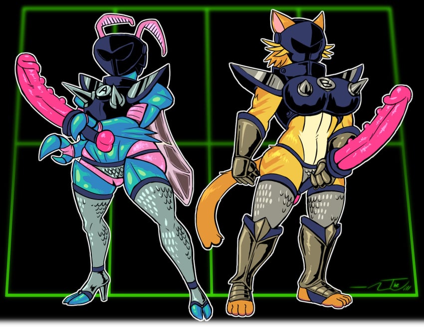 alternate_universe anthro armor arthropod big_breasts breasts dildo domestic_cat duo felid feline felis female humanoid insect_wings insects mammal rg01_(undertale) rg02_(undertale) rule_63 sex_toy spiked_armor spikes standing thewill under(her)tail undertale undertale_fanfiction video_games wide_hips wings