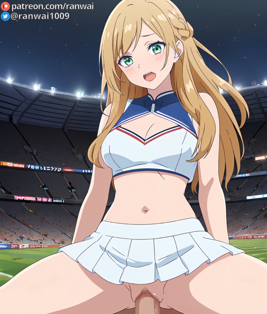 ai_generated anime blonde_hair bondage cowgirl_position green_eyes kinoshita_akane ranwai sex stable_diffusion vaginal_penetration vaginal_sex yamada-kun_to_lv999_no_koi_wo_suru