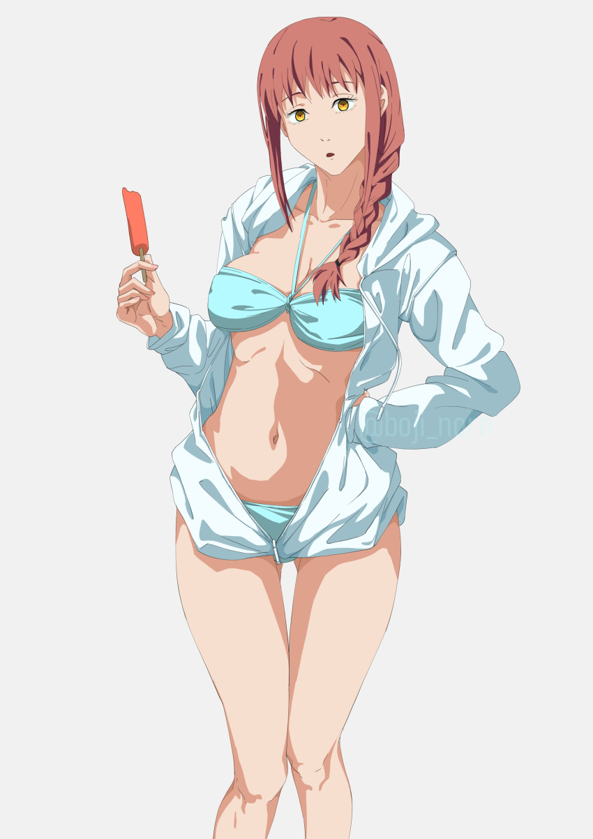 1girls bikini bikini_bottom bikini_top blue_bikini boji_norn bottomwear braid breasts chainsaw_man cleavage clothing female female_only hair holding_object jacket jacket_open makima_(chainsaw_man) open_jacket popsicle red_hair solo solo_female swimwear thighs topwear yellow_eyes