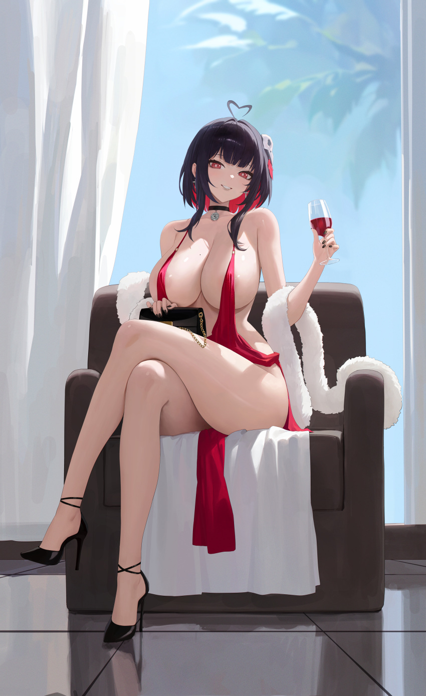 ahoge areola_slip black_hair choker collar colored_inner_hair crossed_legs dress heart-shaped_ahoge heels high_heels huge_breasts huge_thighs indoors kiek_qaq living_room medium_hair original original_character red_dress red_eyes red_hair scarf sitting sitting_on_sofa skimpy_clothes smile thick_thighs useless_clothing wide_hips wine wine_glass