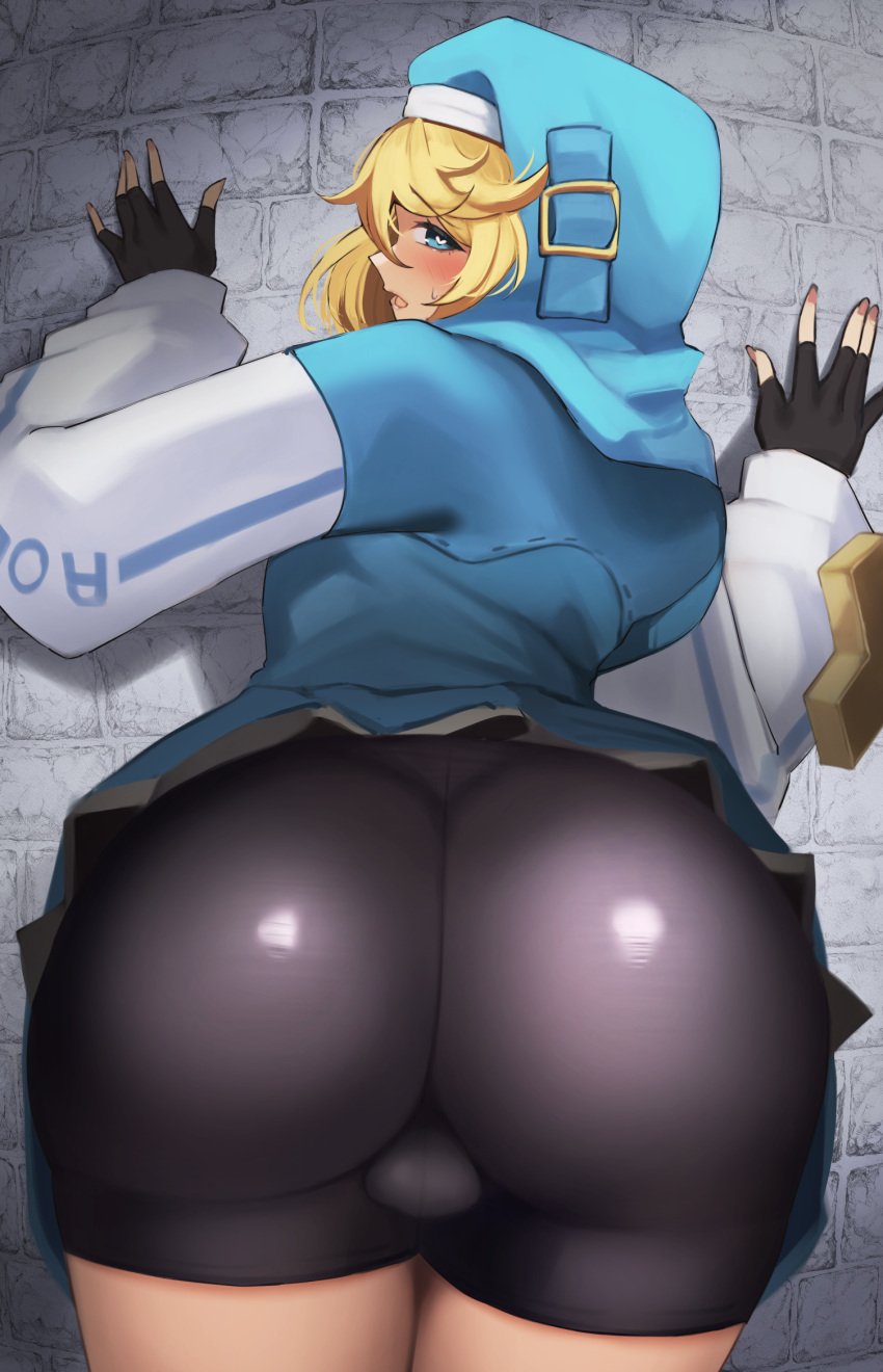 1boy against_wall ass ass_focus before_sex big_ass bike_shorts black_gloves blonde_hair blue_eyes blush bridget bulge clothes_lift clothes_writing dat_ass fingerless_gloves gloves guilty_gear guilty_gear_strive heart-shaped_pupils hood_up hoodie imminent_sex inviting looking_at_viewer looking_back male_focus painted_nails pleated_skirt presenting presenting_hindquarters shiny_clothes shorts shorts_under_skirt skirt skirt_lift symbol-shaped_pupils testicles upskirt wabimochi