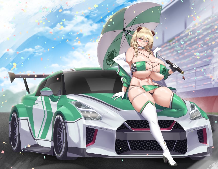 audience baltimore_(finish_line_flagbearer)_(azur_lane)_(cosplay) car cho!cho! confetti crowd curvy frigga_(last_origin) gigantic_breasts half-closed_eyes holding_umbrella jacket_off_shoulders last_origin off_shoulder race_queen seductive_look seductive_smile sitting_on_car smile thick_thighs track umbrella voluptuous wide_hips widescreen