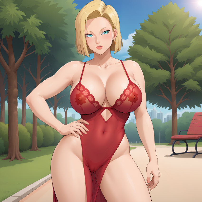 ai_generated android_18 big_breasts dragon_ball dragon_ball_super dragon_ball_z dress female hand_on_hip mexkwigo nipples_visible_through_clothing pussy_visible_through_clothes revealing_clothes solo standing