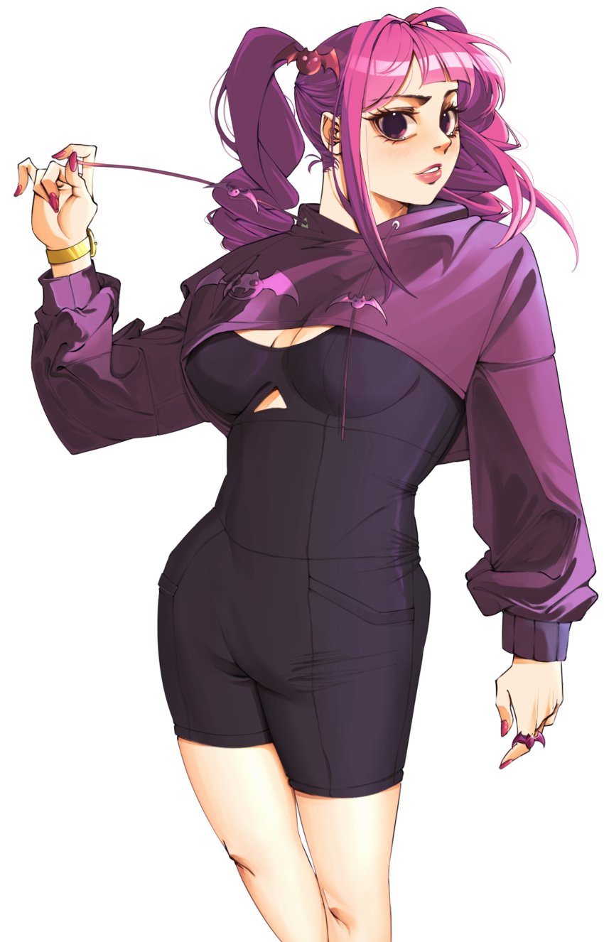 ass bangs breasts cleavage clothing cropped_hoodie earrings female female female_only fingernails high-waist_shorts hood hoodie jewelry jobin_chan large_breasts lipstick long_hair long_sleeves looking_at_viewer makeup medium_breasts nail_polish one_piece open_mouth perona pink_hair pink_nails purple_eyes purple_eyeshadow purple_hair purple_hoodie purple_nails ring simple_background smile solo standing tied_hair twintails white_background