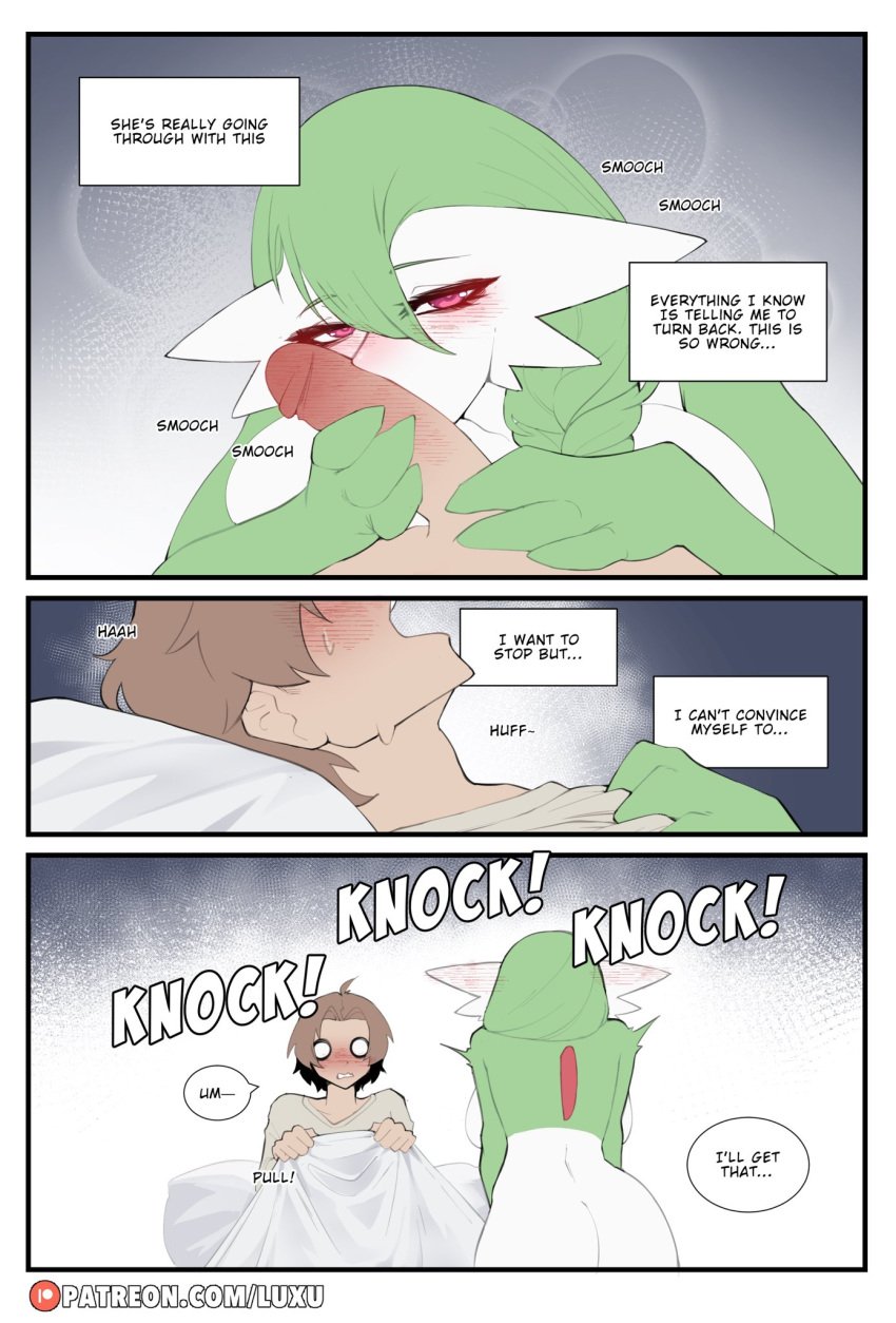 1boy 1girls ass blush clothing cock_worship comic daisy_(luxurias) dialogue english_text fellatio female gardevoir generation_3_pokemon hi_res human human_on_humanoid humanoid interspecies kissing kissing_penis long_hair luxurias male male_human/female_humanoid male_human/female_pokemon narrowed_eyes nintendo open_mouth oral penis penis_grab pink_eyes pokémon_(species) pokemon pokemon_(species) pokephilia sex shirt text text_box wide_eyed wide_hips