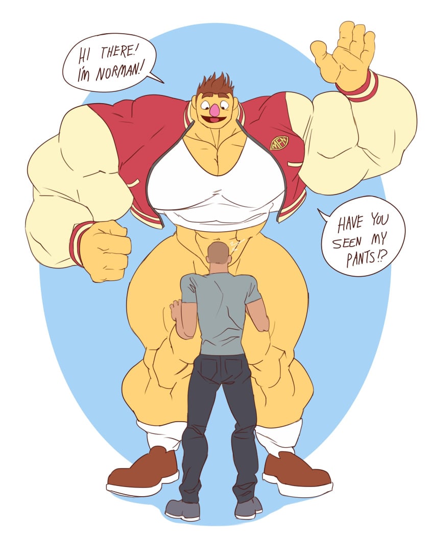 bara big_muscles creative_censorship letterman_jacket male male_only muscles muscular my_friendly_neighborhood no_visible_genitalia norman_(my_friendly_neighborhood) pantsless puppet remert size_difference speech_bubble waving yellow_body