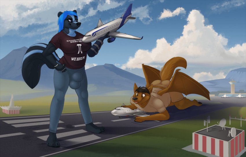 1boy 1futa 4_fingers aircraft airplane airport anthro anthro_only bigdarkfluff black_hair blue_body blue_eyes blue_hair breasts brown_body brown_eyes bulge canid canine clothed clothing futanari glasses hair macro male mammal mephitid skunk tail vehicle wings wolf