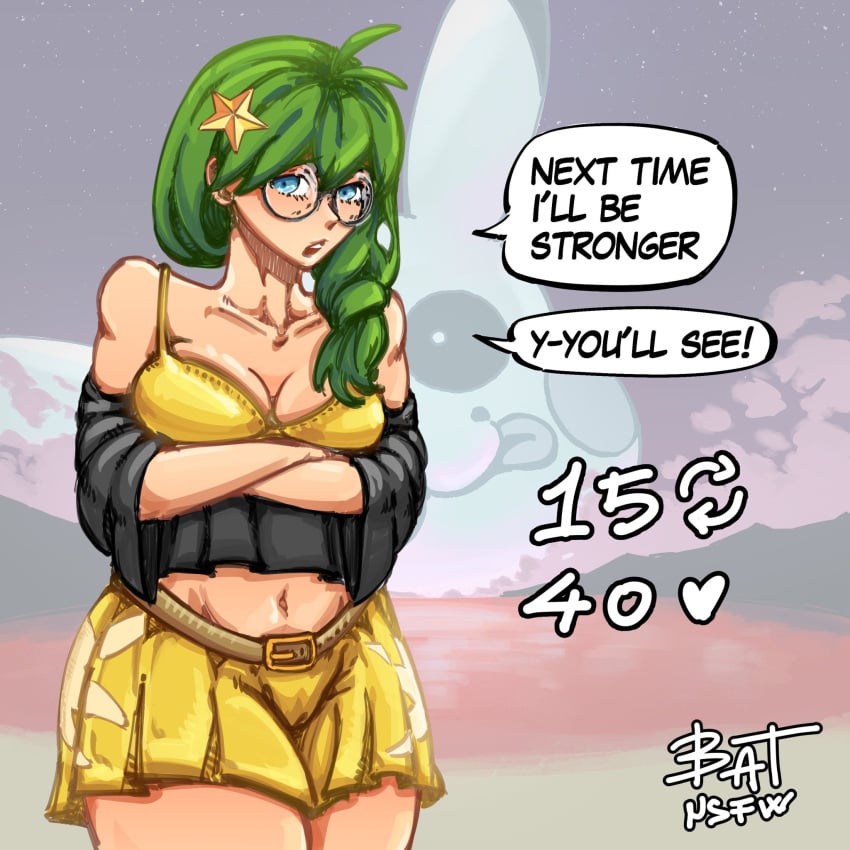 1girls batnsfw belly blue_eyes bra breast_grab breasts collarbone fangame fangame_character female female_only first_porn_of_character glasses green_hair highres ivy_(pokerogue) neon_genesis_evangelion pokemon pokemon_fangame pokerogue shy thighs twitter_strip_game_(meme) undressing undressing_self