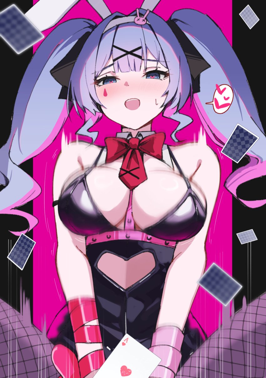 1boy 1girls arm_ribbon big_breasts black_leotard blue_eyes blue_hair blurry bouncing_breasts bowtie breasts bunny_ears bunnysuit card cards cleavage covering_crotch cowgirl_position detached_collar fake_animal_ears female fishnet_pantyhose fishnets hair_ornament hatsune_miku heart heart-shaped_pupils heart_symbol implied_sex leotard male motion_blur motion_lines offscreen_character offscreen_male pink_background playing_card pov rabbit_hole_(vocaloid) ribbon ribbons riding simple_background solo_focus spaghetti_strap speech_bubble spoken_heart straddling sweat teardrop_facial_mark twintails two-tone_hair vocaloid wabimochi wide_hips x_hair_ornament