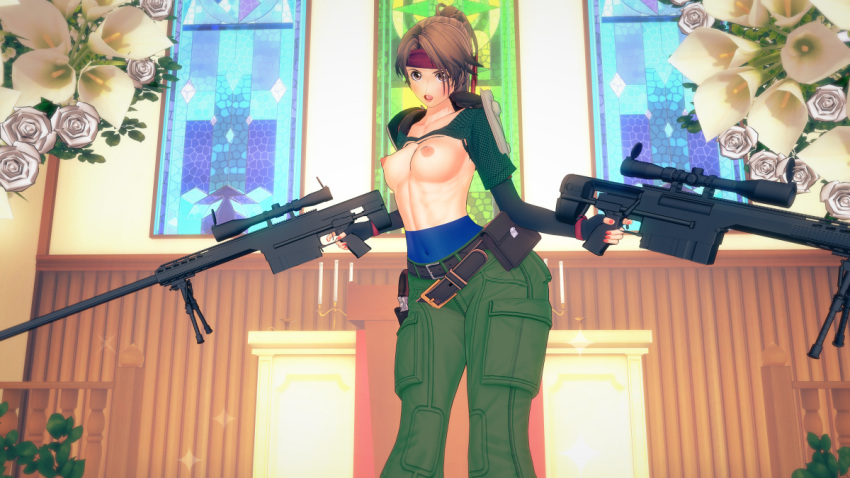 3d 3d_(artwork) armor bandana breasts brown_eyes brown_hair cargo_pants church exposed_breasts final_fantasy final_fantasy_vii final_fantasy_vii_remake fishnet guns headband jessie_rasberry katai medium_breasts open_mouth pants ponytail small_breasts