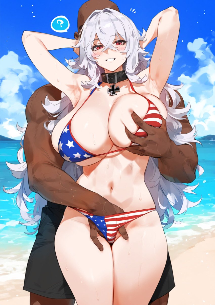 1boy 1girls ai_generated american_flag_bikini armpits arms_up azur_lane beach big_breasts breasts dark-skinned_male female fingering grabbing_breasts graf_zeppelin_(azur_lane) huge_breasts interracial large_breasts light-skinned_female male mature_female mature_woman milf smiling