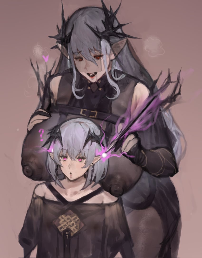 ? arknights big_breasts boingoo breasts duo huge_breasts light-skinned_female logos_(arknights) long_ears milf mother nipples pink_eyes questionable_consent son white_hair