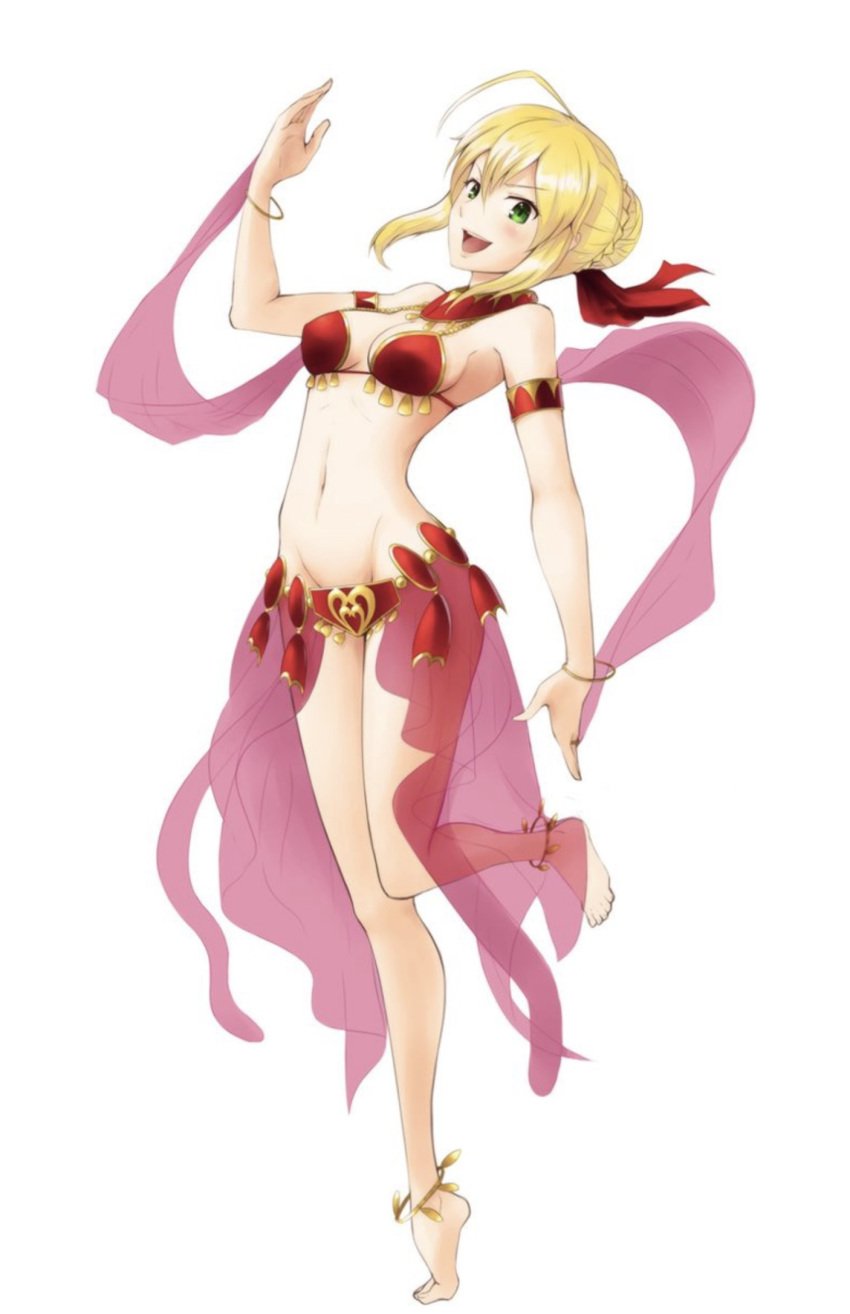 2010s 2d 2d_(artwork) 2d_artwork ahoge anime anime_style anklet arm_scarf armpits bare_arms bare_legs bare_midriff bare_shoulders bare_thighs barefoot belly_button belly_dancer belly_dancer_outfit bikini bikini_bottom bikini_top blonde_hair blush bra bracelet brassiere cleavage collar cosplay crossover crossover_cosplay dancer dancer_class dancer_girl dancer_outfit dancing dancing_class_outfit fate/extella fate/extella_link fate_(series) gold_(metal) gold_anklet gold_anklets gold_bracelets gold_jewelry gold_ring gold_rings gold_tassel golden_anklets golden_bracelets golden_ring golden_rings golden_tassel green_eyes hair_bun hair_ribbon harem harem_girl harem_jewelry harem_outfit hip_scarf inner_sideboob jewelry long_hair midriff navel necklace neckwear nero_claudius_(fate) open_mouth outer_sideboob pink_arm_scarf pink_silk production_ig red_bikini red_bikini_bottom red_bikini_top red_bracelet red_hair_ribbon red_necklace red_neckwear red_ribbon red_ribbon_in_hair ring saber see-through see-through_clothing see-through_scarf see-through_silk sideboob silk silk_arm_scarf silk_clothing silk_dancing silk_loincloth silk_scarf silk_skirt silk_tassels suisei_no_gargantia tassel thick_thighs tied_hair type-moon