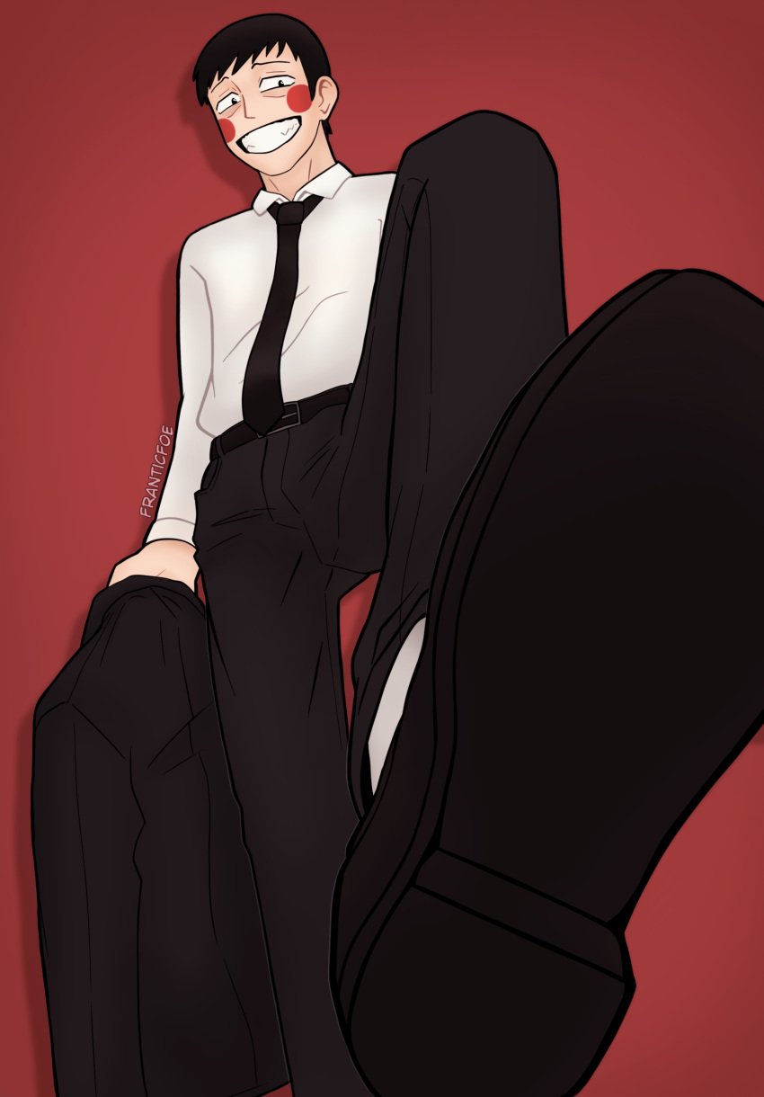 clothed dimple_(mob_psycho_100) dominant_male foot_fetish foot_focus footwear franticfoe_(artist) looking_at_viewer male male_focus male_only mob_psycho_100 shoe_fetish shoes shoes_on stepped_on suit suit_and_tie viewed_from_below