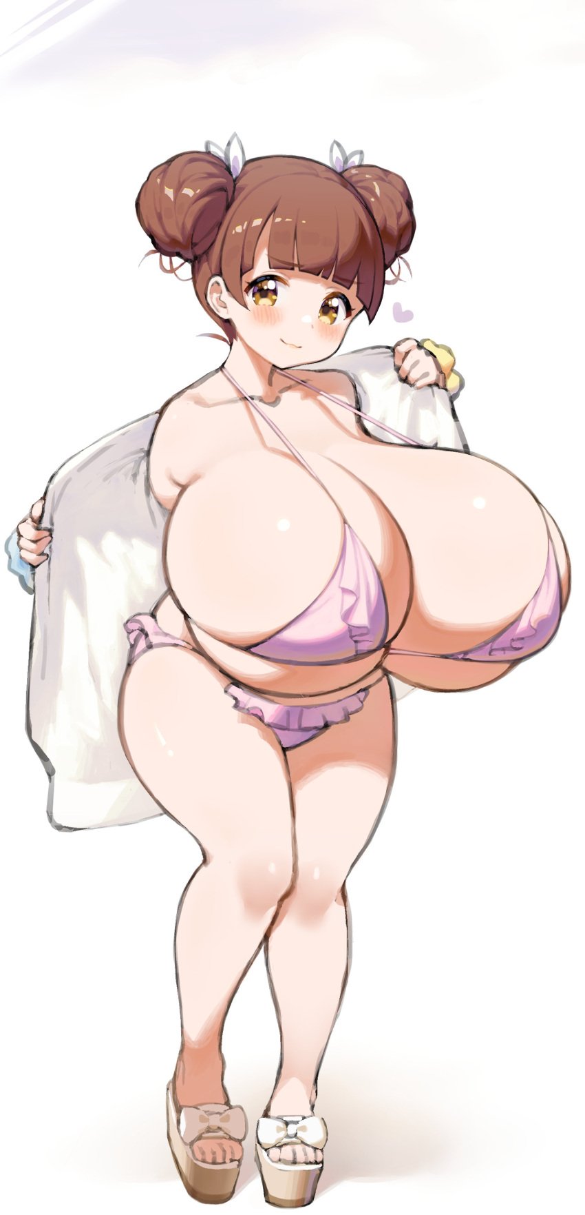 :3 bikini double_bun frilled_bikini fujinoki_nene gigantic_breasts hajimete_no_gal heart hyper_breasts large_thighs mimiru_(mimiru6969) open_shirt sandals shortstack smile smug thick_thighs toes top_heavy wide_hips