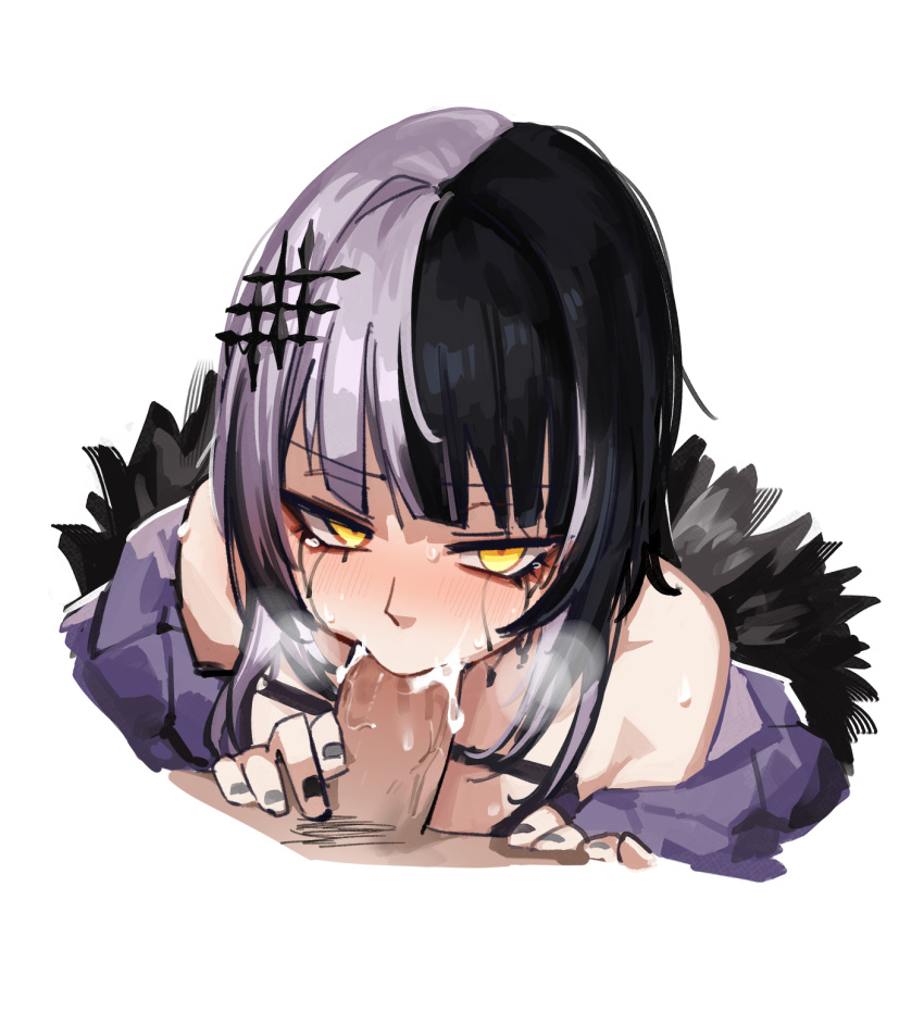 1boy 1girls adarin black_hair black_nails cum cum_in_mouth erection fellatio female fur_trim grey_hair hair_ornament highres hololive hololive_english hololive_english_-advent- looking_at_viewer multicolored_hair oral penis runny_makeup shiori_novella shiori_novella_(1st_costume) simple_background solo_focus split-color_hair straight sweat uncensored virtual_youtuber white_background yellow_eyes