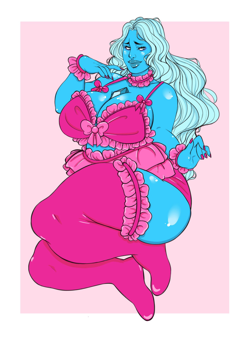 1girls alien big_breasts blue_diamond_(steven_universe) blue_eyes blue_hair blue_skin cartoon_network huge_ass huge_breasts kikis_tavern lingerie naughty_face seductive steven_universe thick_thighs thighhighs voluptuous wide_hips