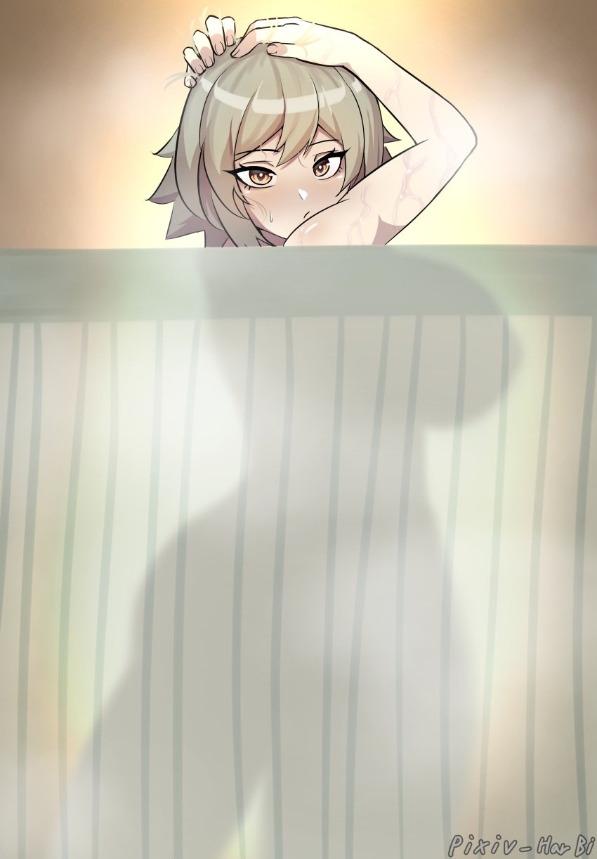 1girls arms_up ass breasts caesar_king censored curtains highres large_ass large_breasts looking_at_viewer shower silhouette steam turning_head washing_hair wet_body zenless_zone_zero