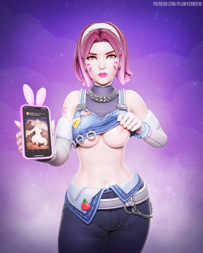 3d antifragile_dazzle antifragile_traysi blizzard_entertainment breasts clothing d.va electronics face_markings female human korean_commentary lawyernsfw le_sserafim overwatch overwatch_2 pale_skin phone small_breasts tracer video_game video_game_character video_games