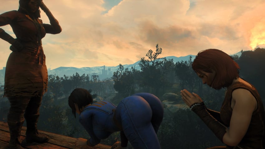 3d 3girls all_fours arched_back big_ass cait_(fallout) dat_ass face_down_ass_up fallout fallout_4 female_only from_behind looking_at_another lustful_gaze outdoors piper_wright sole_survivor_(female) tight_clothing vault_suit yuri