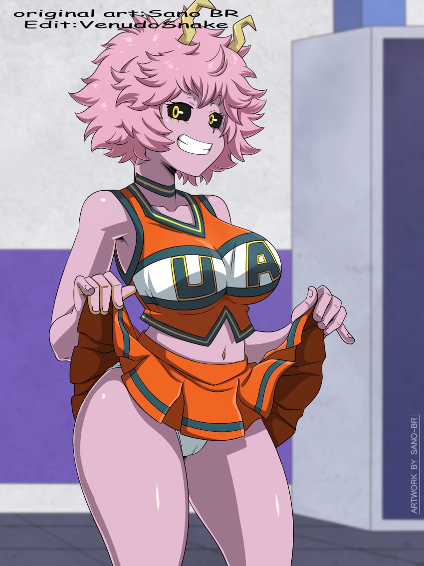 1girls big_breasts cheerleader cheerleader_uniform female horn mina_ashido my_hero_academia purple_body sano-br showing_panties third-party_edit venudosnake