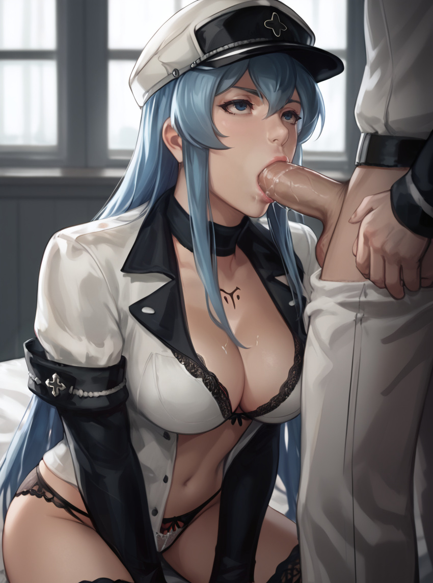 ai_generated akame_ga_kill! big_breasts blowjob blue_eyes blue_hair clothed_sex esdeath_(akame_ga_kill!) holding_penis lingerie military_hat military_uniform sloppy_blowjob spittle