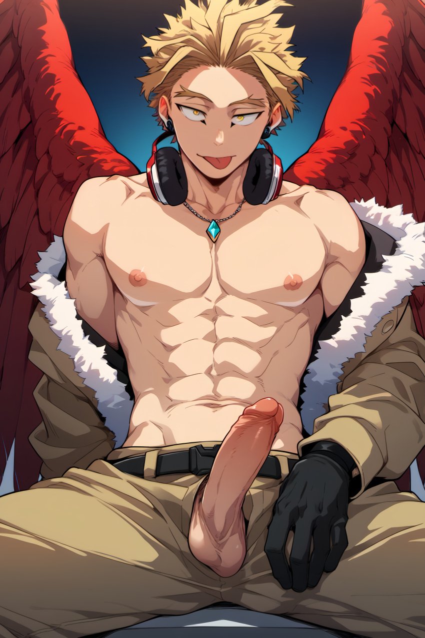 1boy abs ai_generated belmarkai belt blonde_hair cocky erection gloves hawks_(my_hero_academia) headphones headphones_around_neck hi_res jacket jewelry looking_at_viewer male male_focus male_only muscular muscular_male my_hero_academia navel nipples open_fly penis penis_out penis_through_fly sitting smirk smirking_at_viewer solo solo_male spread_legs testicles tongue tongue_out wings