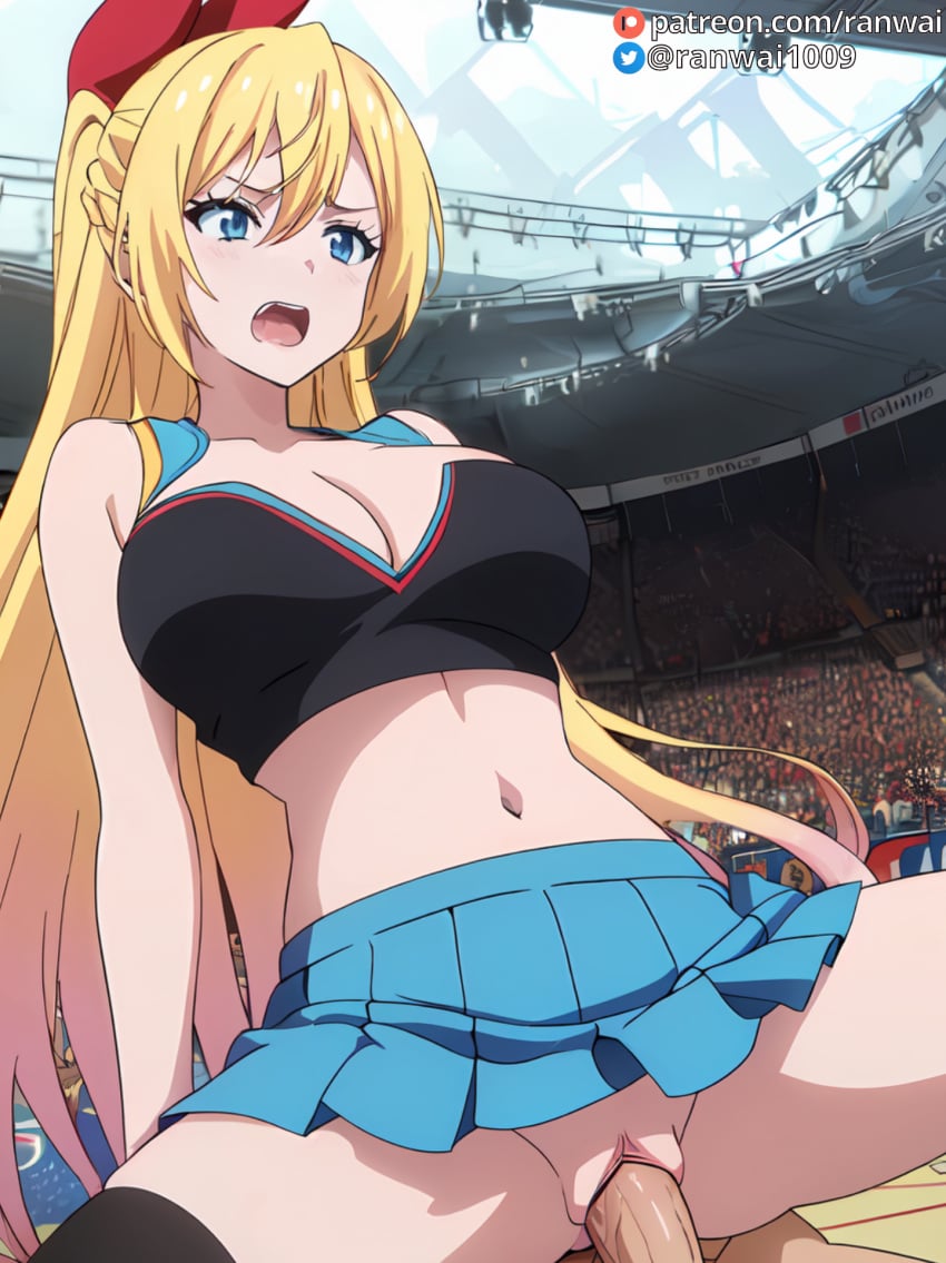 ai_generated anime blonde_hair blue_eyes bondage cheerleader cheerleader_outfit cowgirl_position kirisaki_chitoge large_breasts nisekoi ranwai sex stable_diffusion vaginal_penetration vaginal_sex