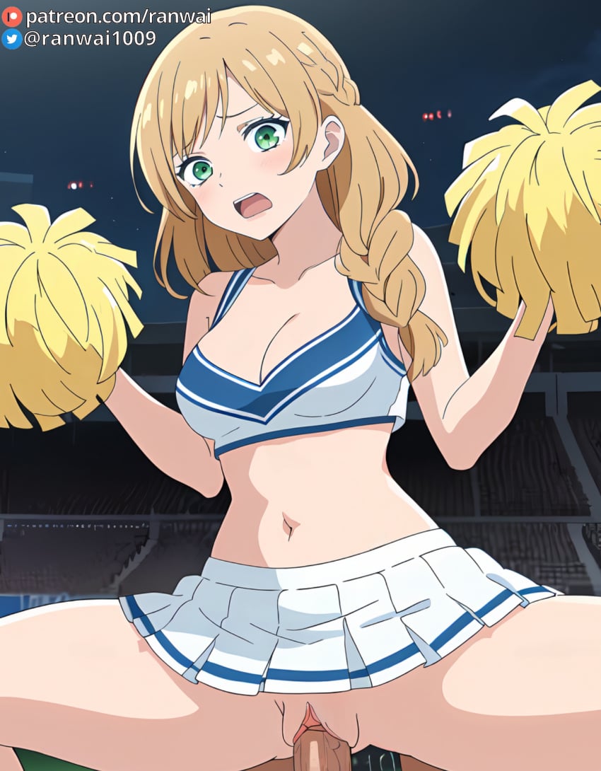 ai_generated anime blonde_hair cowgirl_position green_eyes kinoshita_akane ranwai sex stable_diffusion vaginal_penetration vaginal_sex yamada-kun_to_lv999_no_koi_wo_suru