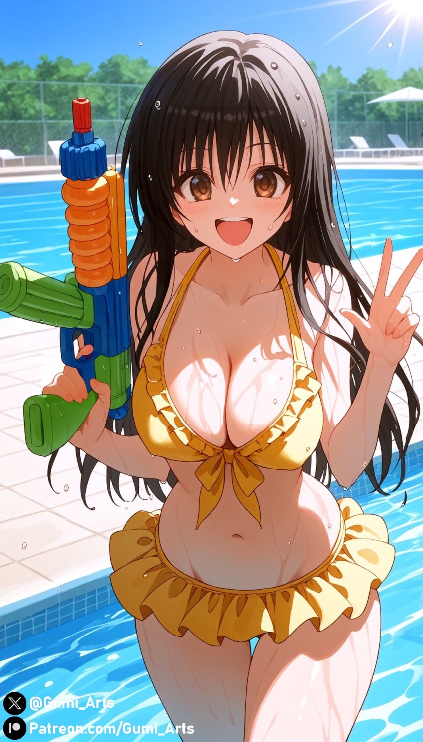 ai_generated black_hair blush brown_eyes cleavage frilled_bikini gumi_arts happy kotegawa_yui large_breasts open_mouth outdoors pool smile stable_diffusion sunlight thick_thighs to_love-ru v_sign watergun wet wide_hips