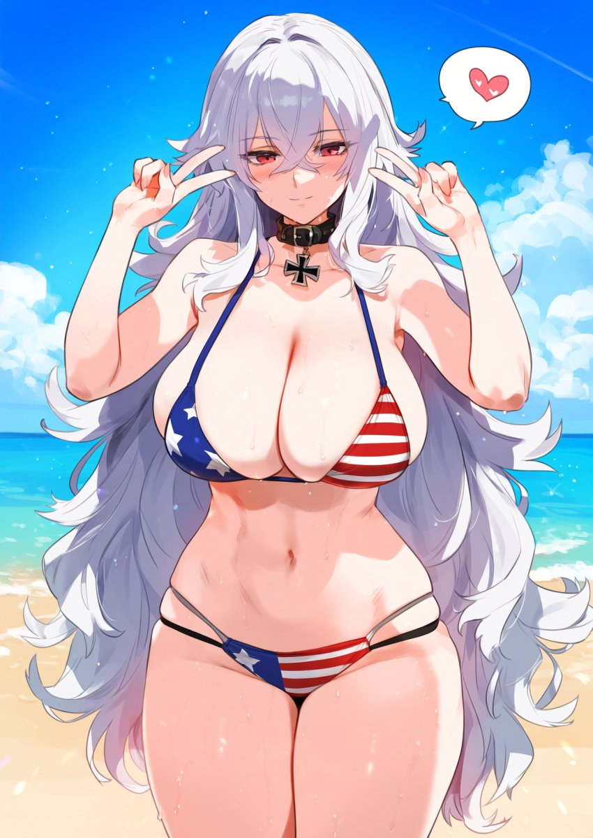 1girls ai_generated american_flag_bikini azur_lane beach big_breasts breasts female female_focus female_only graf_zeppelin_(azur_lane) heart huge_breasts large_breasts light-skinned_female long_hair looking_at_viewer mature_female mature_woman milf peace_sign red_eyes smiling smiling_at_viewer white_hair