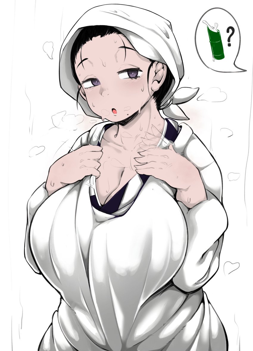 ? ajaycolor apron big_breasts cleavage color color_edit colored colored_inner_hair colored_sketch colored_skin demon_slayer female female_only headscarf headwear huge_breasts japanese_text kamado_kie kappougi kimetsu_no_yaiba kimono mature_female milf mole_under_mouth monochrome shinolara shortstack sketch solo sweat sweating