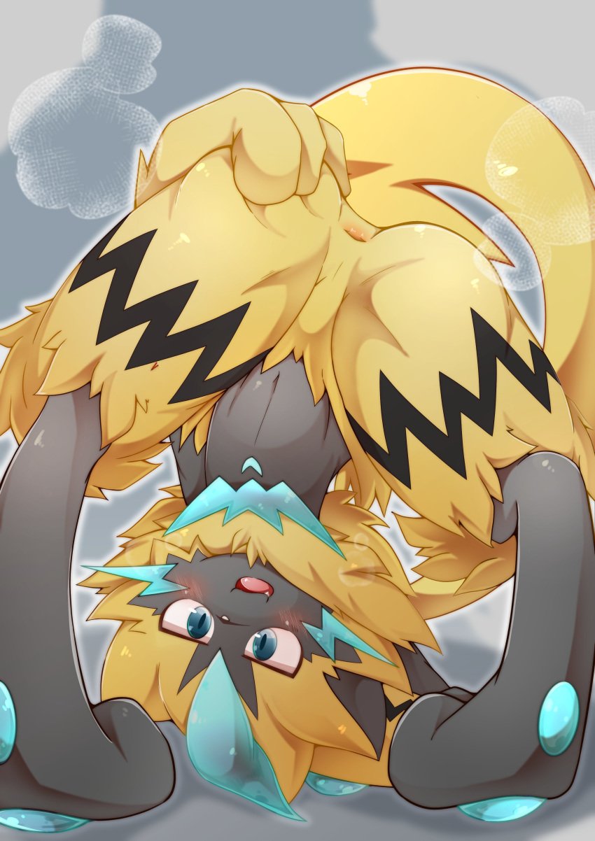 absurd_res ambiguous_gender anthro anthrofied anus ass blue_eyes blush eye_contact feline fur furry half-closed_eyes hi_res legendary_pokémon looking_at_viewer male_only mammal nintendo open_mouth pokémon_(species) pokemon pokemon_usm smile solo tsukane_yoda video_games yellow_body yellow_fur zeraora