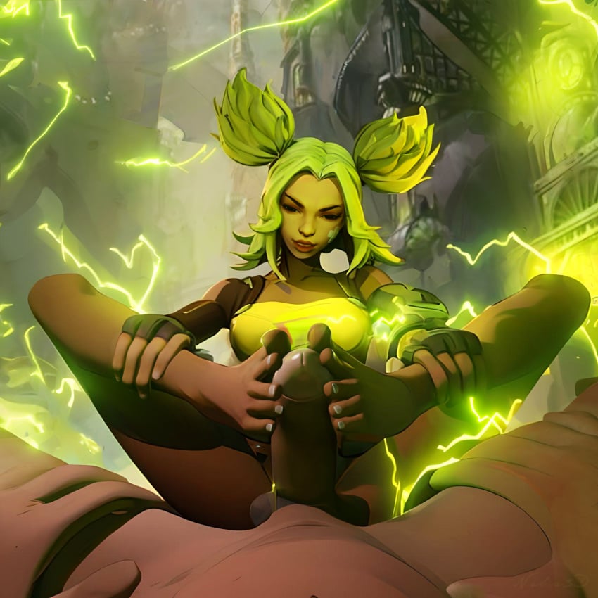 3d clothing dark_skin feet foot_fetish footjob green_hair league_of_legends league_of_legends:_wild_rift lightning nail_polish nibs3d partially_clothed pov toes zeri_(league_of_legends)