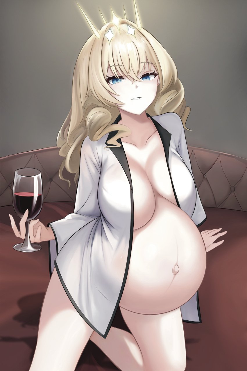 1girls absurdres alcohol big_belly blonde_hair blue_eyes breasts cleavage collarbone crossed_bangs crown_(naked_king)_(nikke) crown_(nikke) cup djgh5738 drill_hair drinking_glass drinking_while_pregnant goddess_of_victory:_nikke highres holding holding_cup huge_belly huge_breasts large_breasts long_hair long_sleeves looking_at_viewer naked_robe official_alternate_costume outie_navel pregnant robe white_robe wine wine_glass
