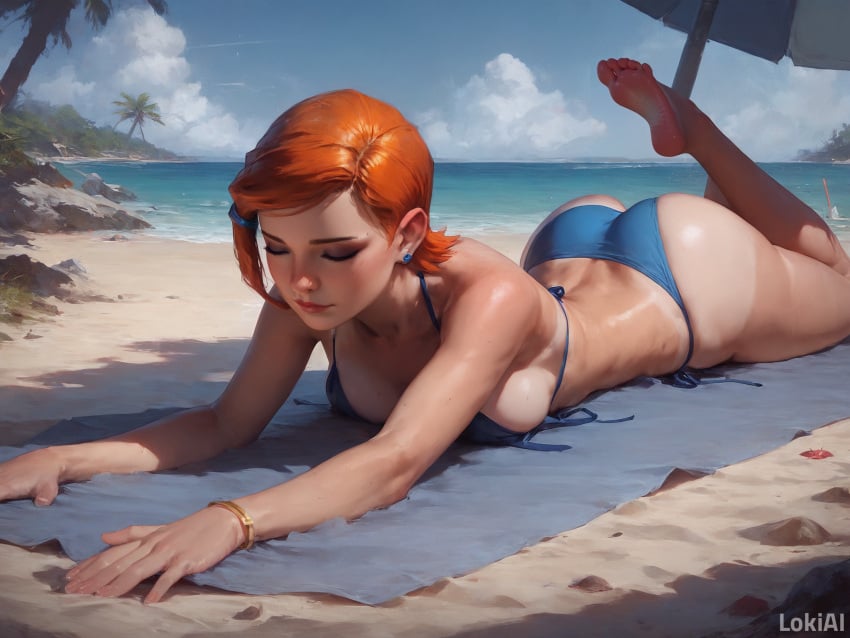 1girls ai_generated beach beach_towel ben_10 bikini cleavage closed_eyes clothed clothed_female feet female female_focus female_only foot_fetish ginger ginger_hair gwen_tennyson laying_down legs_up lokiai sea stable_diffusion sunbathing tanline water