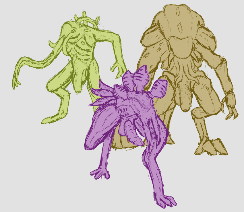 2020 anthro balls big_balls big_penis colored erection genitals group hi_res humanoid_genitalia humanoid_penis infested_(warframe) infested_ancient long_arms machine male male_only moa_(warframe) penis robot simple_background sketch standing tentacle tentacle_in_mouth video_games warframe wolfarion