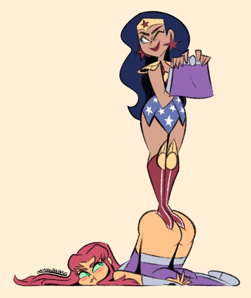 2girls ass assisted_exposure big_ass boots bottomless crossover dc_comics dc_super_hero_girls diana_prince diana_prince_(shg) female female_only multiple_girls mythabyss no_panties orange_skin red_hair star_earrings starfire teen_titans wonder_woman wonder_woman_(series)