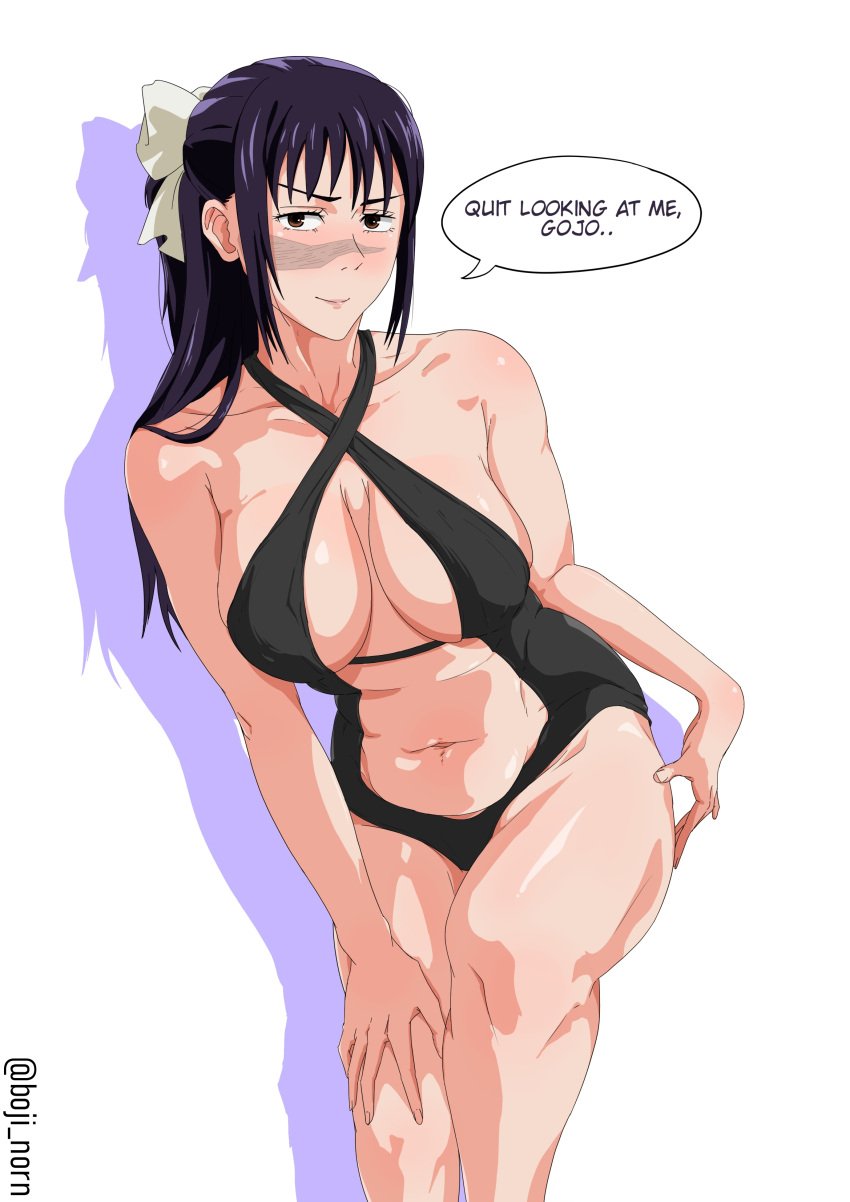 1girls big_breasts black_swimsuit boji_norn breasts brown_eyes cleavage english english_text female female_focus hair hair_ornament hand_on_hip huge_breasts jujutsu_kaisen long_hair naked_female purple_hair scar scar_on_face solo_focus speech_bubble swimsuit swimwear text utahime_iori