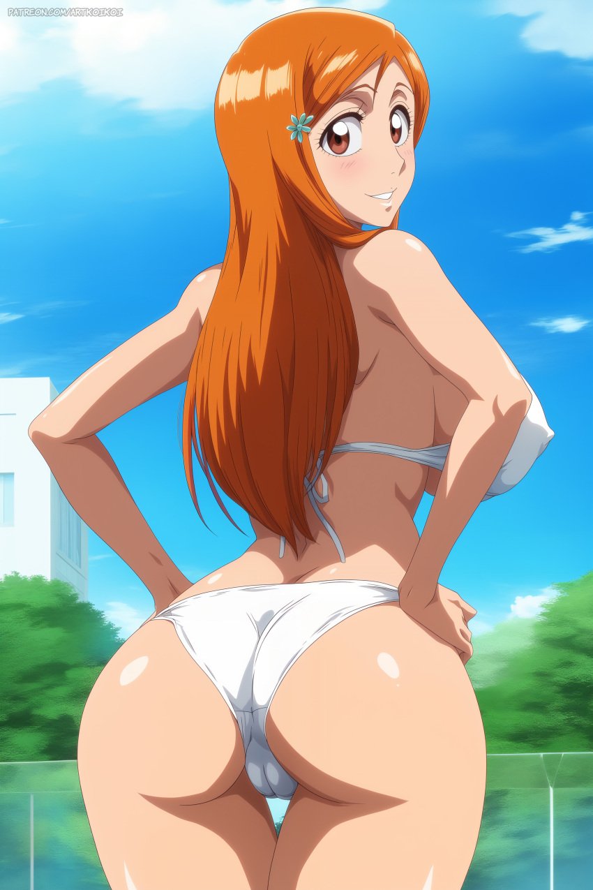 1female 1girls ai_generated artkoikoi ass back_view big_breasts bikini bikini_bottom bikini_top bleach breasts commentary_request english_commentary erect_nipples female female_only hi_res highres inoue_orihime koikoi light-skinned_female light_skin long_hair long_hair_female looking_at_viewer nipples orange_eyes orange_eyes_female orange_hair orange_hair_female outdoors pussy_visible_through_bikini rear_view solo solo_female very_high_resolution