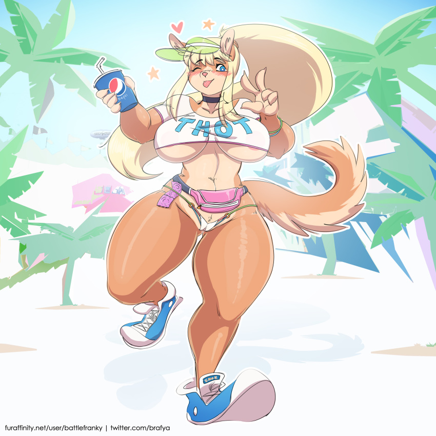 anthro battle_franky blonde_hair blue_eyes blush breasts canine claws clothed clothing condom detailed_background fan_character female female_only fluffy fluffy_tail heart nipples nipples_visible_through_clothing one_eye_closed partially_clothed pepsi pussy shirt shoes smile tail tongue tongue_out walking