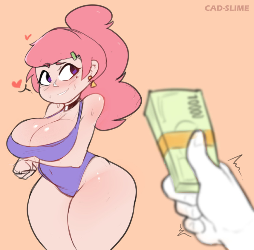 <3 1boy 1girls aroused artist_name big_breasts blue_swimsuit blush blushing breasts busty cadslime choker clothing curvy disembodied_hand earrings eyebrows_visible_through_hair eyelashes female female_focus fully_clothed hairclip highres holding_breasts holding_money huge_ass huge_breasts imminent_sex large_breasts looking_away looking_to_the_side male mole mole_under_eye money nails naughty_face navel offering_money offscreen_male one-piece_swimsuit original pink_hair ponytail prostitution purple_eyes rosette_(cadslime) seductive seductive_smile shiny_skin simple_background smile smiling standing sweat sweatdrop sweating sweaty swimsuit teeth thick_thighs voluptuous wide_hips