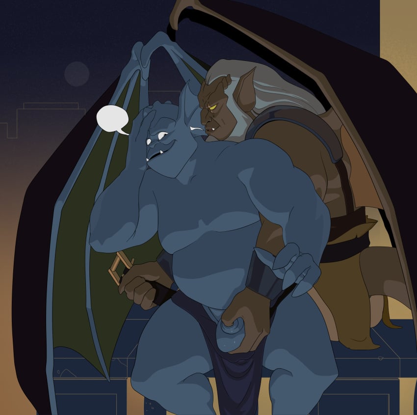 4_fingers abstract_background absurd_res armor ball_fondling balls belly belt_buckle biceps bracers broadway_(gargoyles) claws clothing cute_fangs disney duo ear_fins father father_and_child father_and_son fin finger_claws fingers flaccid foreskin_play gargoyle gargoyles genitals groping hair hand_on_head hi_res hudson_(gargoyles) humanoid incest loincloth looking_at_another male male/male male_only mammal membrane_(anatomy) membranous_wings musclegut muscular muscular_male overweight overweight_male parent parent_and_child pecs penis scar shirt sitting smagma smile son speech_bubble teeth testicles topwear uncut underbite undressing_another undressing_partner whispering white_beard white_hair wings yaoi