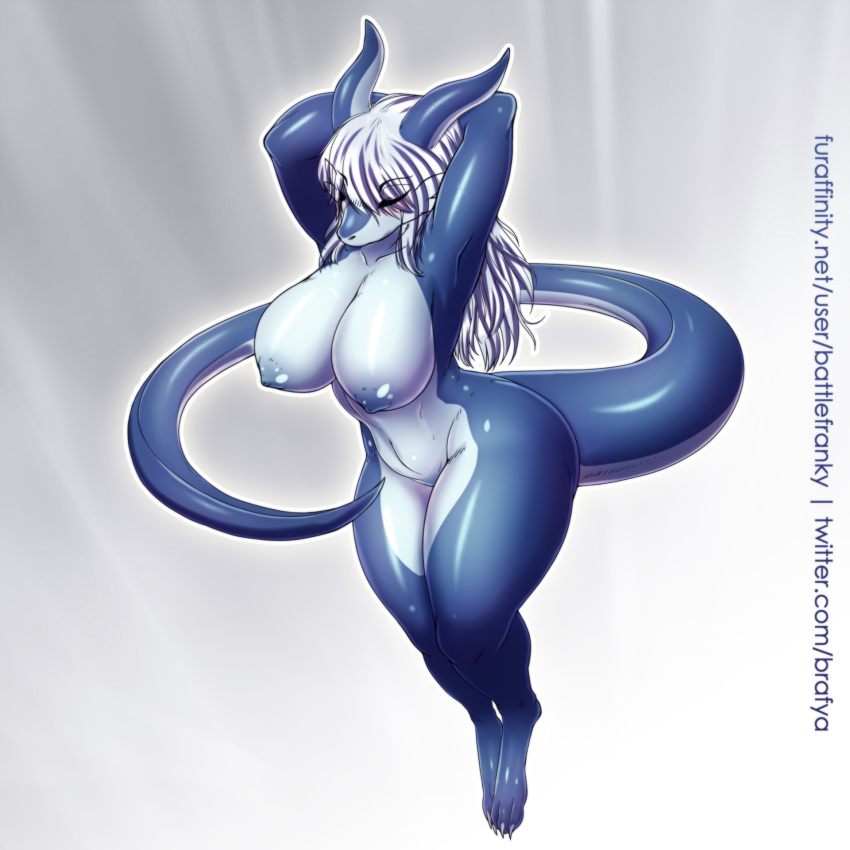 anthro ass battle_franky blue_body blush breasts claws closed_eyes dragon dragoness fan_character femacendramon female female_only furaffinity hair horns large_breasts long_hair nipples simple_background solo solo_female tail white_hair