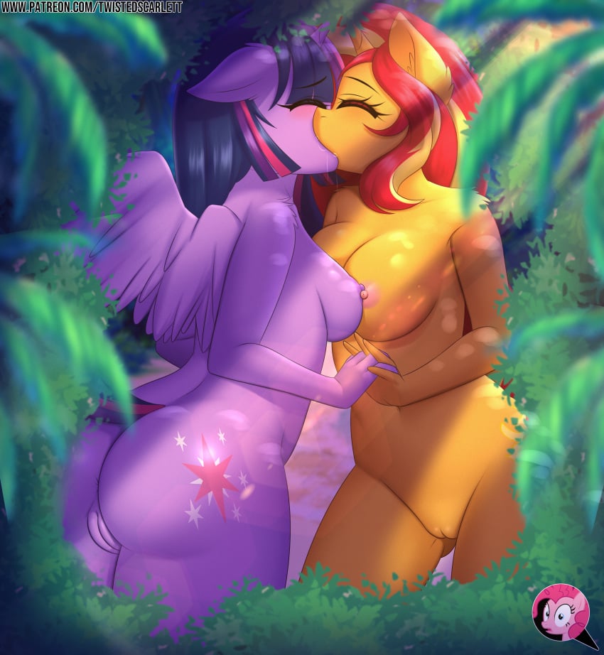 2girls alicorn anthro big_ass big_breasts breasts_pressed_together casual equine eyes_closed female female/female female_only french_kissing furry hand_holding kissing making_out my_little_pony nude nude_female princess_twilight_sparkle_(mlp) sunset_shimmer sunsetsparkle tropical twilight_sparkle_(mlp) twistedscarlett60 wings yuri