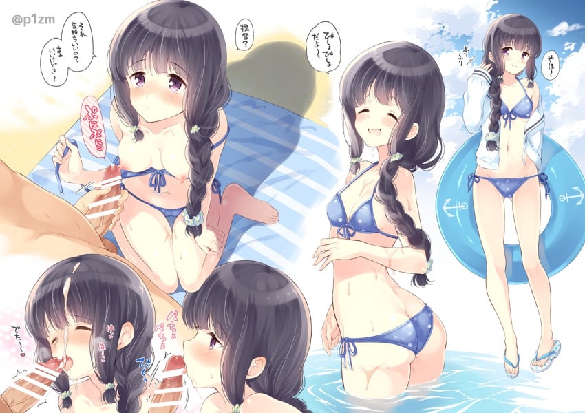 1boy admiral_(kantai_collection) ass bar_censor barefoot bikini black_hair blue_bikini blush braid breasts censored commentary_request facial fellatio female flip-flops front-tie_top full-face_blush hair_over_shoulder innertube jacket jacket_over_swimsuit kantai_collection kitakami_(kantai_collection) komi_zumiko navel nipples oral penis sandals side-tie_bikini single_braid sitting small_breasts straight swimsuit untied untied_bikini wading wariza water