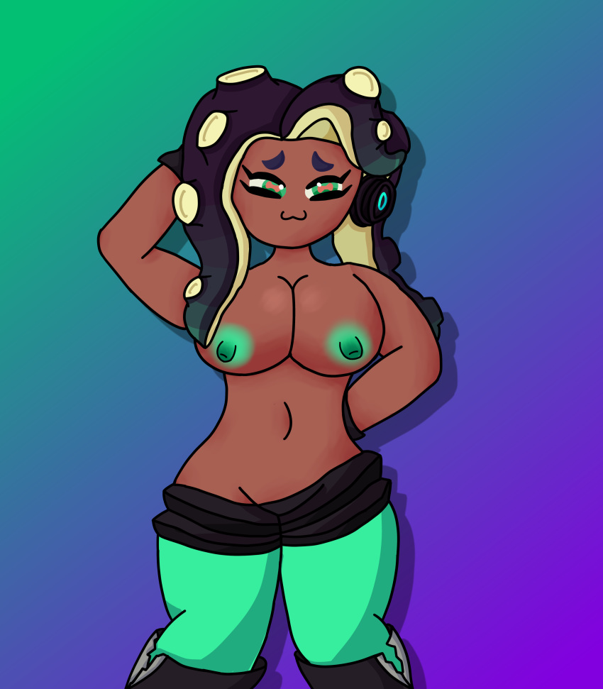 atsuikēki breasts dark_skin female green_eyes half-dressed marina_(splatoon) naked splatoon splatoon_2