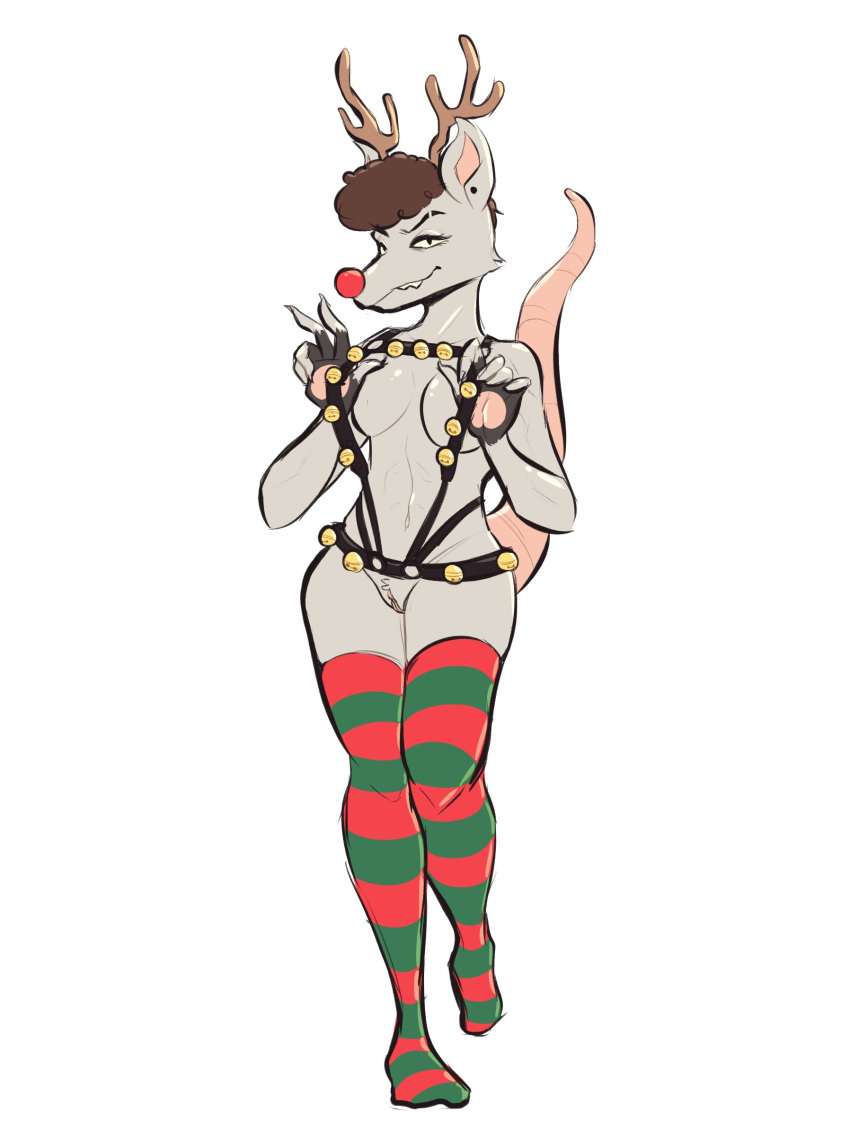 absurd_res alternate_version_at_source anthro bell breasts brown_hair christmas clothing clown_nose didelphid ear_piercing fake_antlers female front_view full-length_portrait genitals hair harness hi_res holidays humanoid_hands legwear mammal marsupial nora_(crowezonelayer) on_one_leg piercing portrait pubes pussy rat_tail reindeer_costume simple_background socks solo standing steecks steeckykees thigh_highs thigh_socks virginia_opossum white_background