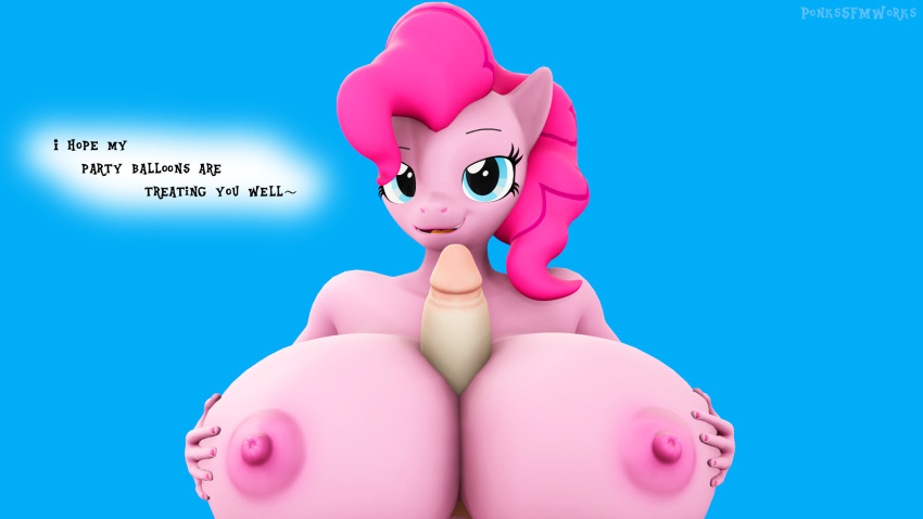 16:9 3d anthro big_breasts blue_background breasts english_text equid equine female friendship_is_magic furry genitals hi_res holding_breast horse huge_breasts looking_at_viewer male mammal my_little_pony paizuri penis pinkie_pie_(mlp) pinkierawr pony sex simple_background straight straight_hair text titjob widescreen