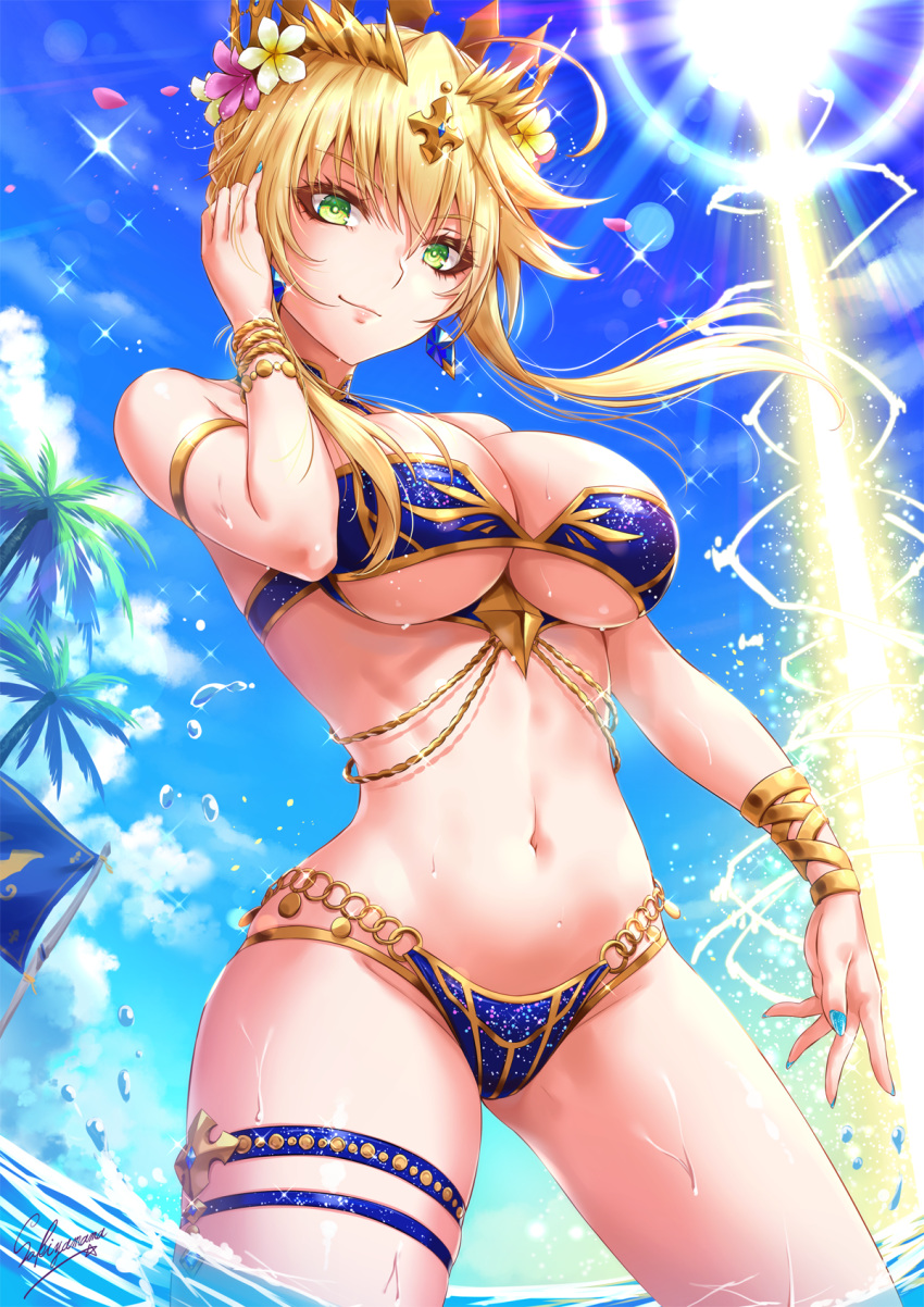 1girls ahoge armlet artist_name artoria_pendragon artoria_pendragon_(lancer) bangs bare_shoulders beach big_breasts bikini blue_bikini blue_sky blush bracelet braid breasts chains cleavage closed_mouth collarbone crown fate/grand_order fate_(series) female female_only flower french_braid green_eyes hair_between_eyes hair_flower hair_ornament hand_in_hair highres jewelry large_breasts long_hair looking_at_viewer nail_polish navel palm_tree rhongomyniad sakiyamama sidelocks signature sky smile solo sparkle sunlight swimsuit thigh_strap thighs tree